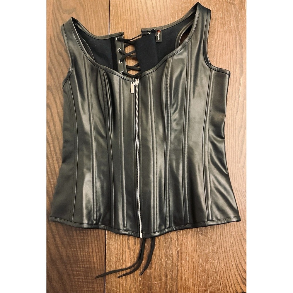 BSlingerie Womens 2XL Faux Leather Corset Top Front Zip Lace Up Back Gothic Moto